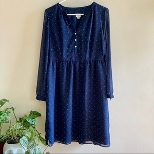A New Day Dark Blue Polka Dot Knee Length Sheer Dress with Lining